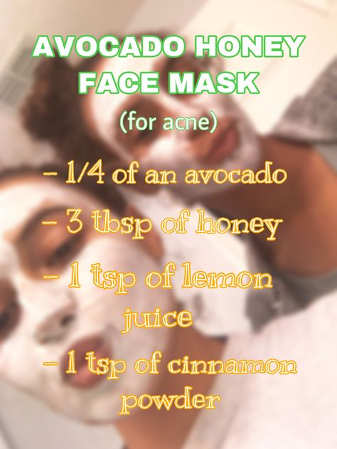 AVOCADO HONEY FACE MASK this facemask worked sooooo well on me, i 100% recommend it if you get a lot of acne or if you just wanna make a fun facemask (also smells really good) 🥑 #facemask #acne #avocado #honeyfacemask #cinnamon #lemon Avocado Face Mask For Acne, Avacodo Face Mask Recipe, Avocado Mask Face, Avacado Mask, Avocado Face Mask Diy, Avocado Honey Face Mask, Avacado Face Mask, Avocado Face Mask Recipe, Lemon Face