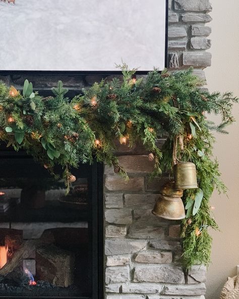 Faux Garland, Holiday Mantle Decor, Holiday Mantle, Faux Christmas, Eucalyptus Garland, Christmas Fireplace, Mantle Decor, Christmas Bells, Xmas Crafts