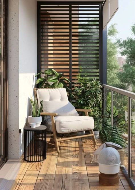 Outdoor Furniture For Balcony, Balcony Decking Ideas, Small Modern Balcony, Minimalist Balcony Decor, Balcony Minimalist, Small Terrace Ideas, White Balcony, Modern Balcony Design, Small Outdoor Patio