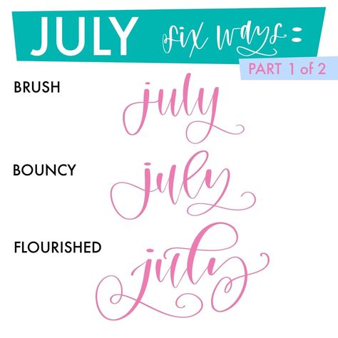 Lettering July in six ways 🩷💛💙 These are two of my most commonly used lettering styles, each style in three variations, from simple to EXTRAAAA. Take a picture and post your favorite way to letter the word "July" and tag me for a chance to win a free lettering practice pad 🥳 #letteringtutorial #modernlettering #calligraphy #handlettered #letteringdesign Modern Lettering, Free Lettering, Lettering Styles, Lettering Practice, Lettering Tutorial, Take A Picture, Lettering Design, To Win, Hand Lettering