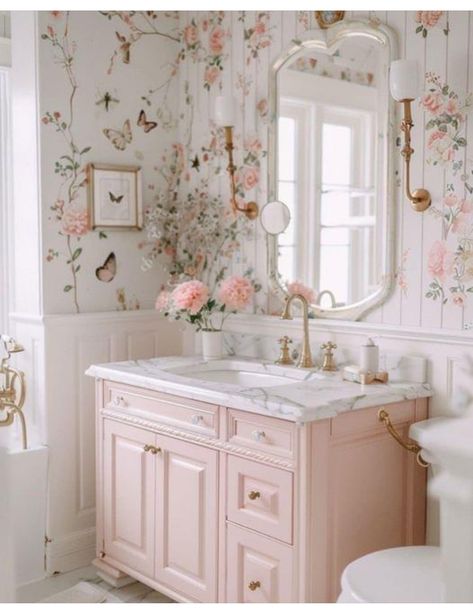 Bathroom Aesthetic Wallpaper, Pink And White House Aesthetic, Pink Houses Aesthetic, Pink Home Design, Pink Rose Bathroom, Wallpaper Girls Bathroom, Pink Sink Vanity, Bathroom With Floral Wallpaper, Pink Shabby Chic Bathroom