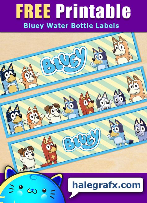 Free Printable Bluey Themed Water Bottle Labels Water Bottle Labels Free Printables Birthday Parties, Bluey Party Food Labels Free Printable, Free Bluey Printables, Bluey Printables Free, Bluey Classroom Themes, Free Printable Bluey, Bluey Classroom, Water Bottle Labels Free Printables, Printable Bluey