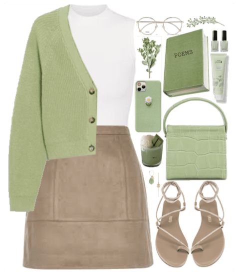 Soft Green Aesthetic Outfits, Sage Green Outfit Ideas Classy, Pastel Green Cardigan, Pastel Green Outfit Aesthetic, Cardigan Green Outfit, Sage Green Cardigan Outfit, Korean Green Outfit, Light Green Outfits For Women, Sage Green Outfit Color Combos