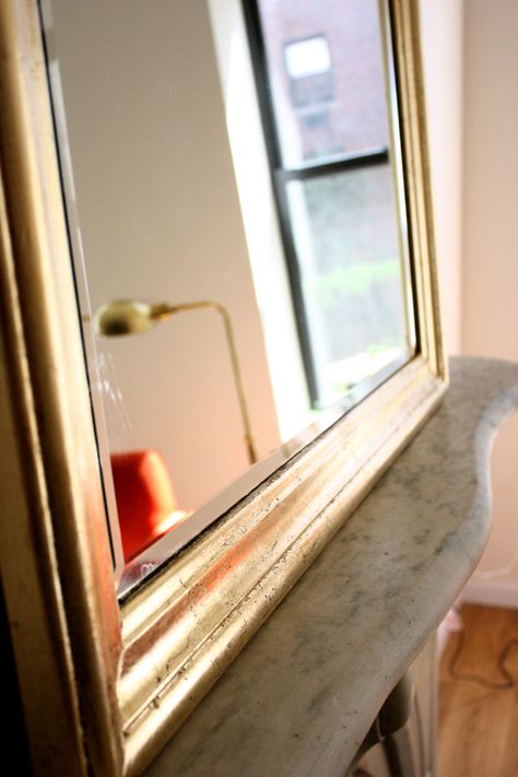 Adventures in DIYing: Tips on Using Gold Leaf - Victoria McGinley Studio Gold Leafing Mirror Frame, Gold Leaf Frame Diy, How To Gold Leaf A Mirror Frame, How To Paint A Mirror Frame Gold, Gold Leaf Frame, Bathroom Decor Apartment Themes, Mirror Makeover Diy, Hallway Renovation, Using Gold Leaf