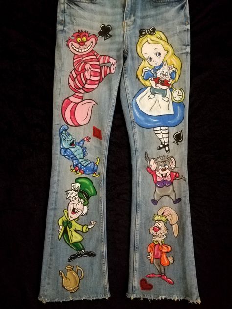 Painted Disney Jeans, Diy Sweatpants Shorts, Jean Painting Ideas, Custom Jeans Diy, Kid Birthday Outfits, Hand Painted Denim Jacket, Hand Painted Clothing, Battle Jacket, Painted Denim Jacket