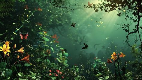 Photo enchanted forest scene with colorf... | Premium Photo #Freepik #photo Overgrown Forest, Flowers And Butterflies, Laptop Wallpaper, Enchanted Forest, Premium Photo, Colorful Flowers, Enchanted, Graphic Resources, Banners