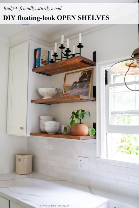 DIY, budget-friendly floating-look open shelves! / Create / Enjoy Corbel Bracket Shelf, Open Shelves Next To Cabinet, Open Shelving In The Kitchen Diy, Kitchenette Floating Shelves, Diy Open Shelving Kitchen, Diy Shelves Design, Diy Shelves Ideas, Diy Kitchen Shelves, Budget Remodel