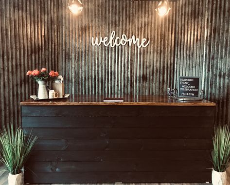 Welcome Center counter for churches corrugated metal Idea. Church Welcome Tables, Welcome Desk Church, Church Information Center, Church Welcome Table, Welcome Center Ideas, Welcome Center Church Ideas, Church Decor Lobby, Church Lobby Design Foyers, Church Sanctuary Decor Interiors