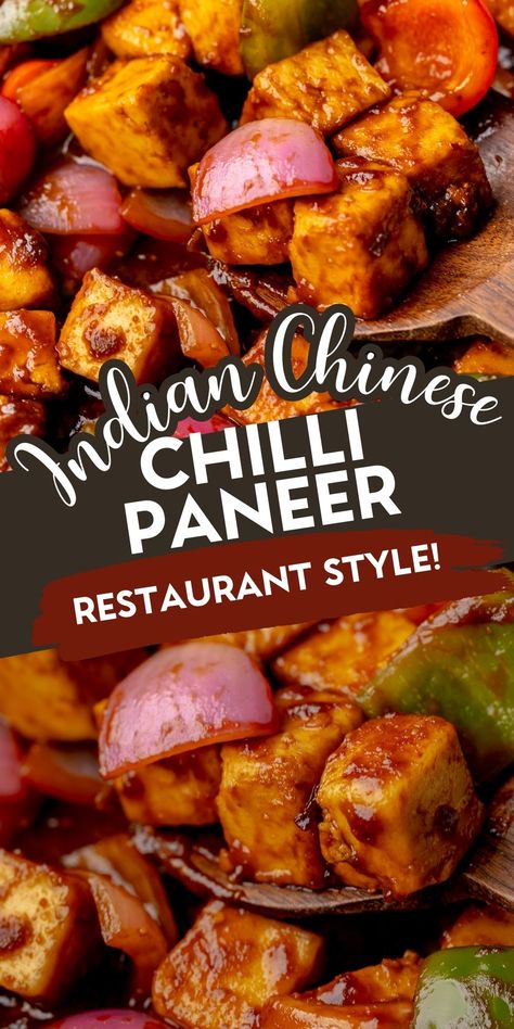 This Indian Chinese chilli paneer is a hakka restaurant style recipe that is quick and easy and the perfect vegetarian meal idea. Packed with a sweet, tangy and spicy sauce with crisp peppers and onions, this is a fantastic way to encourage meatless meals in your home - The paneer is so filling that you won't miss the meat! Easy Chilli Paneer Recipe, Chili Paneer Recipe, Chilli Paneer Recipe, Easy Paneer Recipes, Chili Paneer, Spicy Vegetarian Recipes, Green Chilli Sauce, Easy Chilli, Family Breakfast Recipes