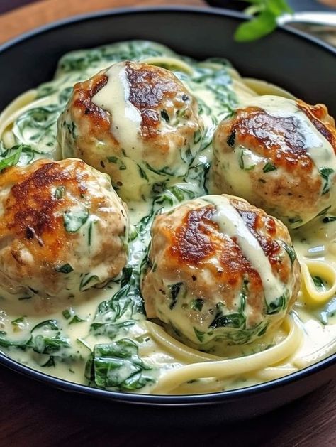 Valerie Bertinelli Recipes 👩‍🍳🥣 | 🍗🧀 Chicken Ricotta Meatballs with Spinach Alfredo Sauce 🌿🍝 Chicken Ricotta Meatballs, Spinach Alfredo Sauce, Meatballs With Spinach, Chicken Ricotta, Alfredo Sauce Easy, Ricotta Meatballs, Spinach Alfredo, Gordon Ramsay Recipe, Diet Recipes Easy