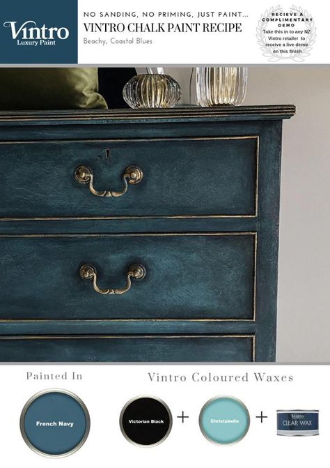 Create a moody multi dimensional beachy blues look using Vintro paints. Chalk paint your piece as normal ( we used French Navy chalk paint) Wax your piece as normal ( we used clear wax tinted with Victorian Black chalk paint) Add highlights with a tinted wax (we used clear wax tinted with Christabelle chalk paint) Apply a touch of gold gilding for some extra dimension Ta da!   Products Used French Navy Vintro Chalk paint Victorian Black Vintro Chalk paint Vintro clear wax  Christabelle Vintro Blue Chalk Paint Colors, Dark Blue Painted Furniture, Navy Blue Painted Furniture, Navy Blue Chalk Paint Furniture, Teal Chalk Paint Furniture, Blue Chalk Paint Dresser, Teal Furniture Paint, Blue Chalk Paint Furniture, Moody Furniture