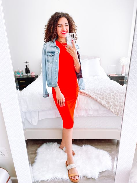 Casual outfit inspo for 4th of July - red dress, denim jacket, neutral sandals Red Dress With Jean Jacket Outfit, Red Dress Denim Jacket Outfit, Casual Red Denim Jacket For Spring, Casual Red Denim Outerwear, Red Trendy Denim Outerwear, Neutral Sandals, Cocoon Dress, Denim Jacket With Dress, 4th Of July Outfits