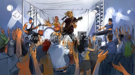 Rock Band Character Design, Concert Drawing, Disney Storyboard, Crowd Drawing, Storyboard Film, Storyboard Examples, Concert Art, Storyboard Ideas, Digital Illustration Tutorial