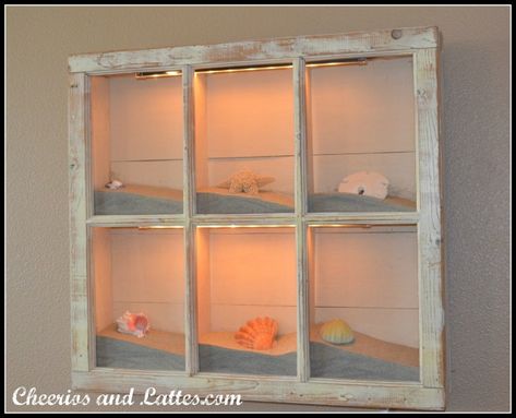 Seashell Shadow Boxes, Old Window Projects, Old Window Frames, Window Shadow, Window Crafts, Old Window Frame, Window Projects, Funky Junk Interiors, Coastal Wall Decor