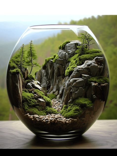 38 Fantastic Moss Terrarium Ideas You Can Have At Home Fishbowl Terrarium Ideas, Garden In A Jar Terrarium, Japanese Garden Terrarium, Micro Landscapes Terrariums, Terrarium Scene Ideas, Trariom Diy, Mountain Terrarium, Large Terrarium Ideas, Terrarium Japanese