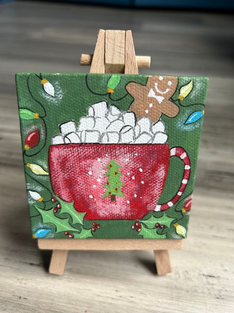 Hand-painted mini canvas, easel included!💚 Christmas Crafts Painting, Step By Step Christmas Painting Canvas, Mini Christmas Paintings, Diy Christmas Canvas Art, Christmas Paintings On Canvas Easy Diy, Cute Christmas Paintings, Christmas Painting Ideas Easy, Christmas Canvas Paintings, Easy Christmas Paintings On Canvas