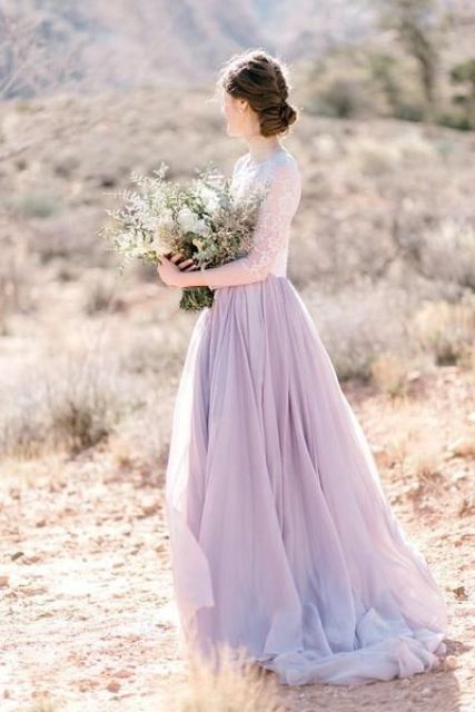 a chic bridal look with a white lace top with short sleeves and a lilac layered skirt will fit a spring or summer wedding Lilac Wedding Dresses, Lilac Wedding Dress, Lavender Wedding Dress, Lilac Wedding Bouquet, Colored Wedding Gowns, Neon Prom Dresses, Jasmine Bridal, Purple Wedding Dress, Western Wedding Dresses