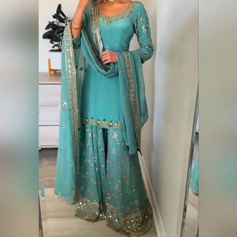 Brand New Sharara Style Dress Comes As Shown In The Pictures This Is A Brand New Dress, Sizes Are Available Up Too ( M,L,Xl ) Offers Are Welcome Pakistani Bridal Suits Salwar Kameez, Punjabi Party Wear Suits, Sahara Suit, Sharara Style, Punjabi Sharara, Simple Indian Suits, Desi Things, Indian Groom Dress, Indian Dress Up