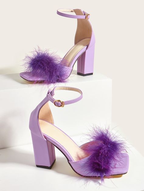 Purple Shoes Heels, Quinceanera Shoes, Fluffy Heels, Faux Fur Sandals, Purple High Heels, Feather Heels, Purple Sandals, Evening Heels, Fur Sandals