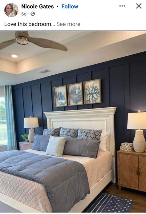 Navy And Tan Bedroom, Wall Behind Bed Ideas, Behind Bed Ideas, Florida Condo Decor, Tan Bedroom, Wall Behind Bed, Accent Wall Design, Blue Accent Walls, Accent Wall Colors