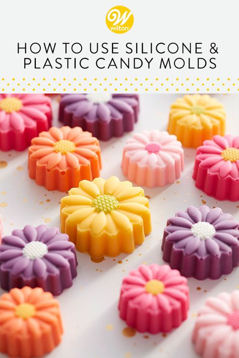 Making edible cake decorations or delicious toppers for cupcakes is easy when you know how to use candy molds to create delicious homemade candies. They’re an excellent way for beginner bakers to add personality and flavor to their baked treats with minimum effort. With hundreds of designs to choose from, you know there’s one to match your mood! #wiltoncakes #blog #blopost #candy #candymaking #gifting #candymolds #siliconemolds #howto #homemade #candymelts #nobake #semihomemade Candy For Molds Recipes For, Candy Molds Ideas Diy, How To Make Chocolate Candy In Silicone Molds, Silicone Mold Candy Recipes, Candy Melt Cake Decorations, Using Candy Melts In Molds, How To Make Chocolate Molds, Candy Molds Recipes How To Make, Making Chocolates In Molds