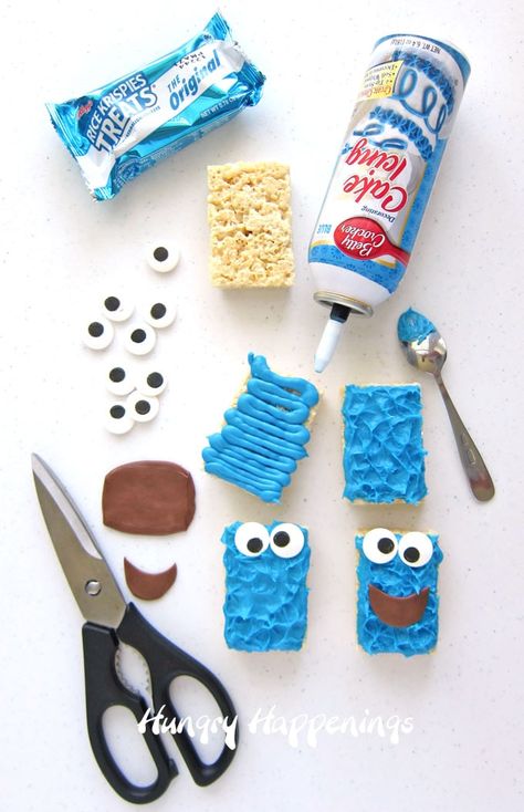 Easy Kids Treats, Monster Rice Krispie Treats, Baby Shower Ideas For Boys Themes, Cookies Monster, Rice Krispie Treats Recipe, Cooking Friends, Cookie Monster Party, Krispie Treats Recipe, Sesame Street Birthday Party