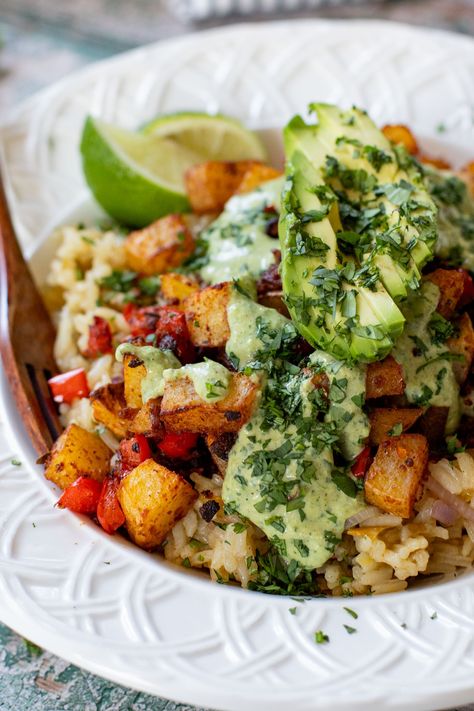 Crispy Potato & Green Chile Rice Bowls - This Savory Vegan Plant Based Summer Dinner, Gf Df Dinner, Healthy Meatless Meals, No Meat Recipes, Vegan Summer Dinner, Green Chile Rice, Veggie Rice Bowl, Potato Bowl, Soy Chorizo