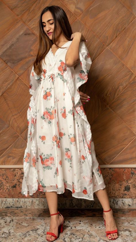 Organza White & Red Kaftan Style Printed Dress - Ria Fashions Georgette Kaftan Dress, Indian Party Wear Dresses, Red Kaftan, Kaftan Style Dresses, Neck Designs For Suits, Kaftan Style, Indian Party Wear, Organza Fabric, Caftan Dress