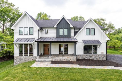 Modern Farmhouse in Vienna - Farmhouse - Exterior - DC Metro - by Stahl Homes LLC | Houzz Farmhouse Black Trim, White Farmhouse Black Trim, Black Gutters White House, Black Gutters, Gutters And Downspouts, White Modern Farmhouse, Standing Seam Roof, Porch Roof, Dc Metro