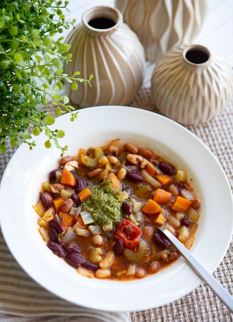 A hearty bean and vegetable soup that can be served warm during cooler months, or at room temperature during warmer months. Blue Zone Three Bean Minestrone, Tomato Cannellini Bean Soup, Vegetable Soup With Cannellini Beans, Cannellini Bean Soup Vegan, Plant Based Minestrone Soup, Canning Cherry Tomatoes, Bean And Vegetable Soup, Spring Produce, Healthier Options