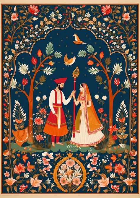 Indian traditional mughal pichwai art tapestry pattern adult. | premium image by rawpixel.com / juju. Traditional Indian Design Patterns, Indian Traditional Background, Mughal Patterns, Wedding Collaterals, Kalamkari Prints, Pvc Design, Pichwai Art, Flower Shop Decor, Flat Color Palette