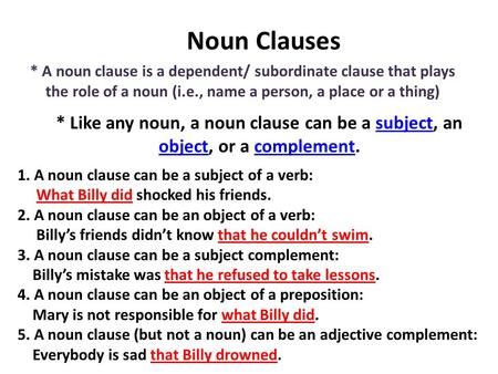 Noun Clauses * A noun clause is a dependent/ subordinate clause that plays the role of a noun (i.e., name a person, a place or a thing) * Like any noun, Noun Clause, If Clauses Worksheet, Relative Clauses Grammar, Dependant And Independent Clauses, New Words In English, Defining Relative Clauses Grammar, Teaching Nouns, Advanced English Grammar, Grammar Sentences