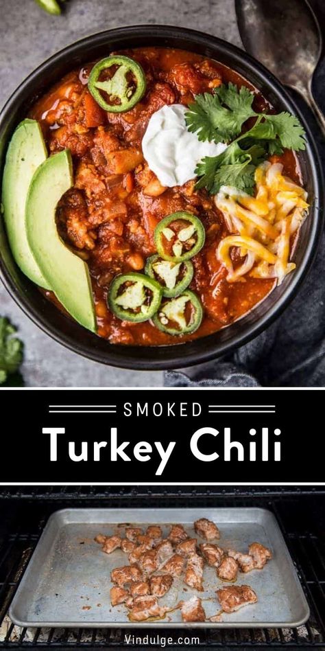 This turkey chili is a whole new level of awesomeness. Add a kiss of smoke flavor by smoking the ground turkey, add the bright and slight heat from serrano peppers and impress everyone with this indulgent Smoked Turkey Chili. Smoked Turkey Chili Recipe, Serrano Pepper Recipes, Grilled Turkey Recipes, Healthy Chili Recipe Turkey, Turkey Chili Crockpot, Smoked Chili, Turkey Chili Healthy, Stews Recipes, Alpha Gal