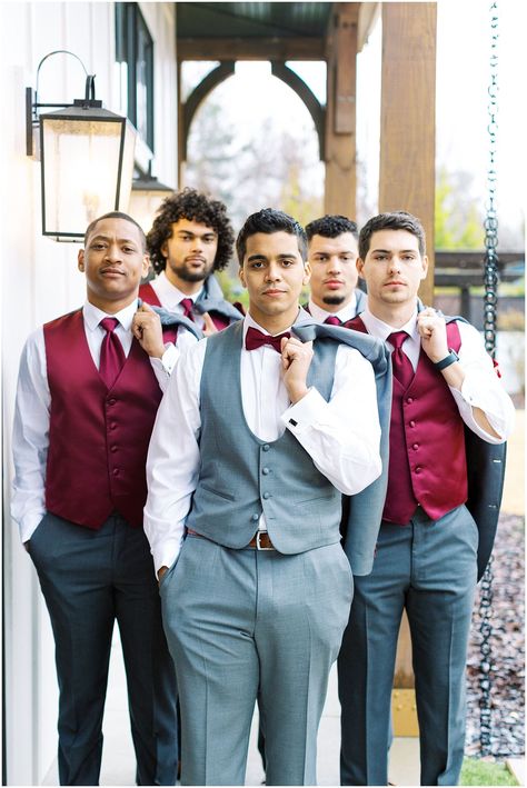 Grey And Burgundy Suit Wedding, Grey And Red Tuxedo Wedding, Grey And Burgundy Groomsmen, Burgundy And Gray Wedding, White Wedding Groomsmen, Burgundy Suit Wedding, Red Groomsmen, Wedding Red And White, Burgundy Groomsmen