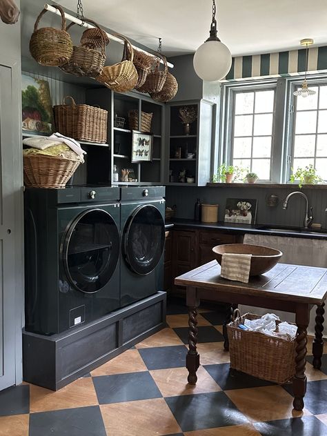 Laundry Room Reveal Hague Blue Laundry Room, Laundry Room And Guest Bedroom Combo, Laundry Room Garage Ideas, European Laundry Room, Cottage Core Laundry Room, Grey Laundry Room Ideas, Happy Laundry Room, Wallpapered Laundry Room, Laundry Room Design Small