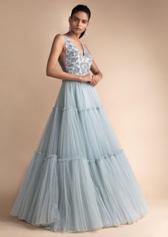 Gown Queen, Powder Blue Gown, Indowestern Gowns, Net Gown, One Piece Gown, Net Gowns, Stylish Gown, Sensual Seduction, Gown Party Wear