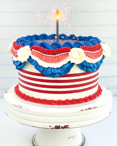 Double Barrel Cake, Patriotic Cake, Bunting Cake, Design Stencils, Barrel Cake, Fourth Of July Cakes, Patriotic Bunting, Blue Bunting, 4th Of July Cake