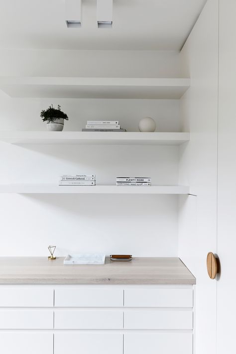 Minimal Floating Shelves, Chamberlain Architects, Hanging Floating Shelves, Clinic Background, White Bedroom Interior, Home Office Set Up, Reclaimed Wood Kitchen, Hair Salon Interior, Dental Office Decor