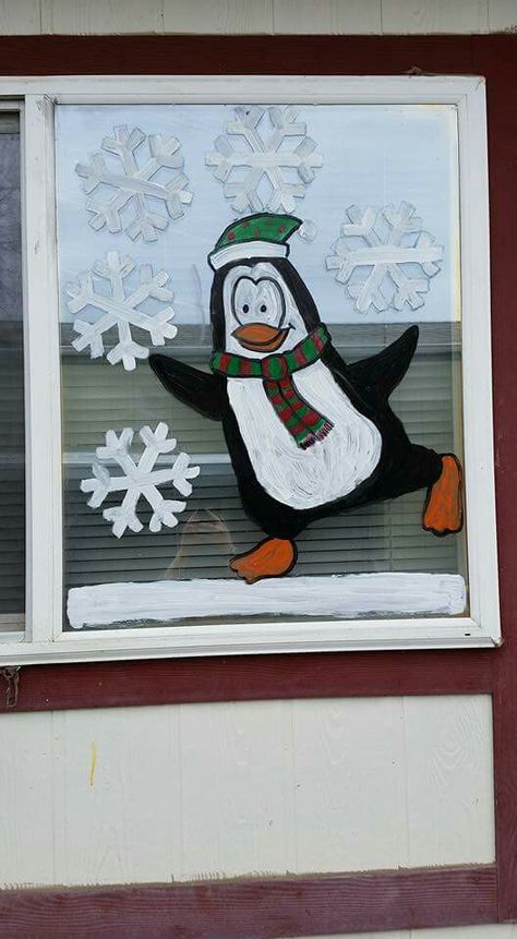 Penguin window painting Penguin Window Painting, Winter Window Painting Ideas Easy, Window Drawings, Window Paint, Window Markers, Christmas Window Painting, Window Crafts, Window Drawing, Winter Kindergarten