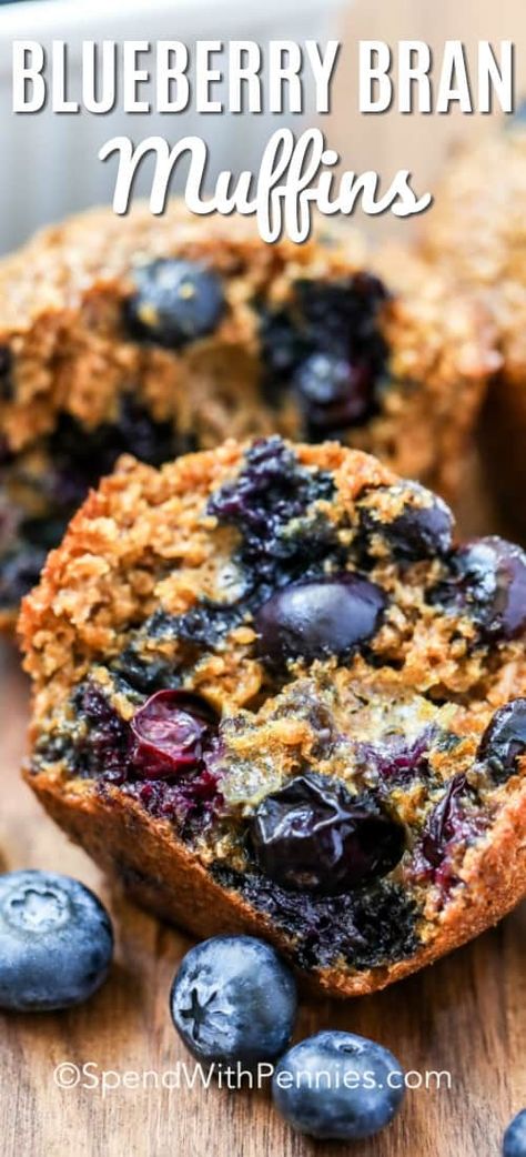 These healthy blueberry bran muffins are the perfect grab and go snack or easy breakfast on busy mornings! Made with blueberries, and wheat bran they are full of antioxidants and fiber making them a healthy dessert option too! #spendwithpennies #blueberrybranmuffins #branmuffinrecipe #healthy #snack Summer Muffins, Blueberry Bran Muffins, Bran Muffins Healthy, Muffins Blueberry, Gluten Free Blueberry Muffins, Bran Muffin Recipes, Healthy Dessert Options, Pumpkin Muffins Easy, Wheat Bran