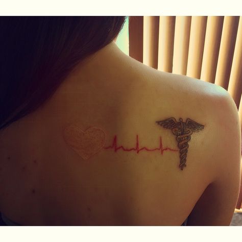 My nursing tattoo - cannot wait to be a pediatric nurse practitioner. White ink heart, heartbeat, caduceus. Tattoo Heartbeat, Nursing Tattoo, Nursing Tattoos, Simbols Tattoo, Chess Piece Tattoo, Ems Tattoos, Tattoo White, Brother Tattoos, Nurse Tattoo