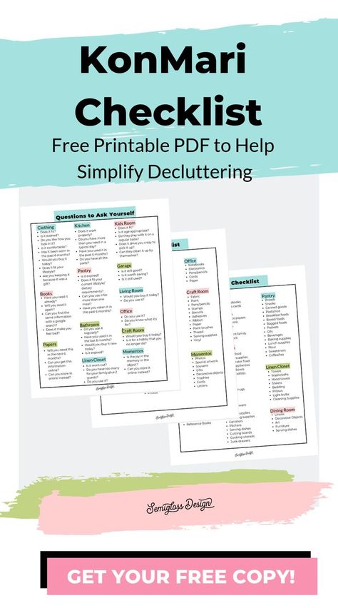 Organization Checklist, Konmari Checklist, Konmari Organizing, Organizational Printables, Konmari Method, Declutter Your Life, Free Checklist, Organize Declutter, Craft Room Office