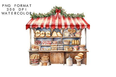 Watercolor Christmas Bakery Stand Bake Sale Stand, Bakery Stand, Fall Bake Sale, Xmas Cartoon, Small Town Christmas, Christmas Bakery, Christmas Photo Album, Bread Shop, Printable Illustrations