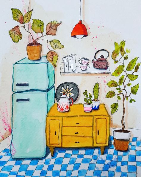 Draw Room, Watercolor Journal, Interior Illustration, 수채화 그림, Watercolor Art Lessons, Happy Paintings, Art Drawings For Kids, Art Journal Inspiration, Interior Art