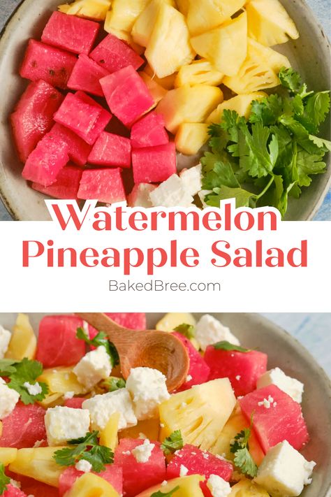 Watermelon Pineapple Salad 🍉🍍🌴 Embrace the taste of summer with this refreshing and vibrant salad. Our watermelon pineapple salad is a tropical paradise on a plate, featuring juicy watermelon chunks, sweet pineapple, and a splash of lime for a zesty twist. It's the perfect side dish for your BBQs, beach picnics, or anytime you crave a burst of tropical flavors. Watermelon Pineapple Salad, Party Appies, Recipes For Hot Days, Pineapple Baked, Salad With Pineapple, Baked Bree Recipe, Vibrant Salad, Beach Eats, Pineapple Salad