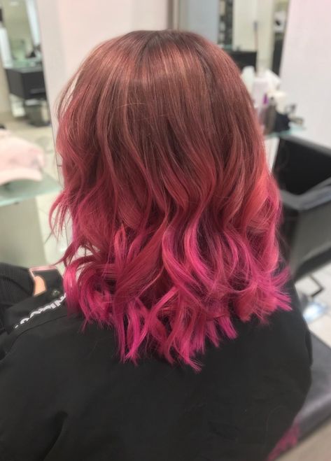 Bright Pink Balayage Curls by Nate @ Ginger, Bromsgrove UK Short Hair With Pink Ends, Blonde Hair With Colored Ends, Bright Pink Balayage, Hot Pink Balayage, Black Hair Pink Highlights, Pink Aphrodite, Hair Pink Highlights, Dyed Ends Of Hair, Balayage Curls