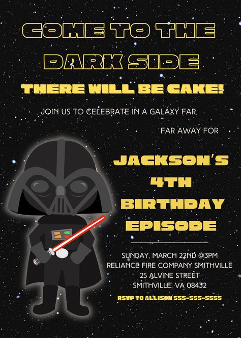 Darth Vader Birthday Invitations, Darth Vader Invitations, Star Wars Party Invite, Darth Vader Party Ideas, Star Wars Birthday Invitations, Darth Vader Birthday Party, Darth Vader Birthday, Darth Vader Party, Star Wars Themed Birthday Party