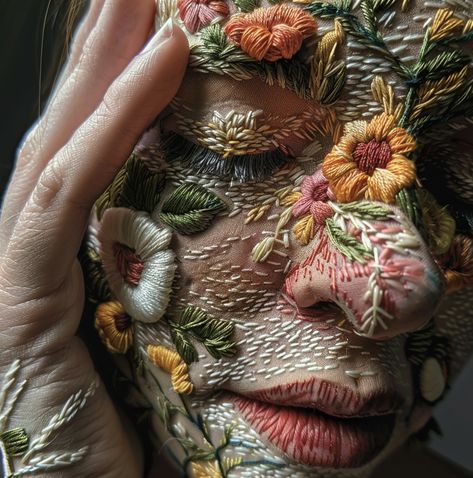 Promt**flowers thread embroidery on hand (face), hyper realistic skin texture, highly detailed Skin Embroidery, Thread Embroidery, Skin Texture, Cool Photos, Thread, Embroidery, Texture, Skin, Flowers