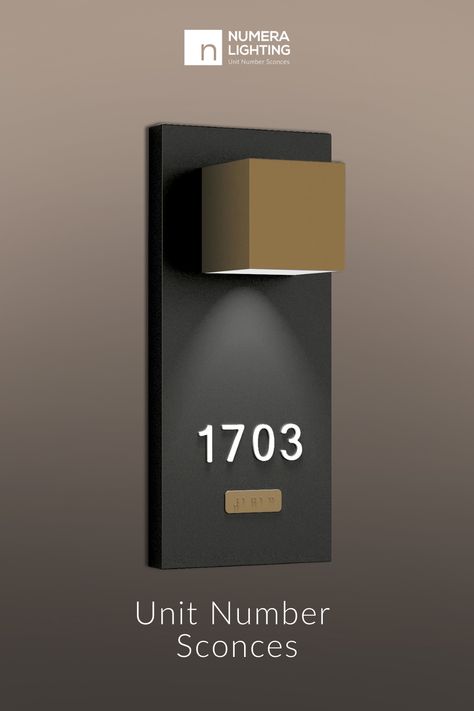 NL1022.01 Edison | Unit Number Sconce | Corridor & unit entry identification light fixture with ADA compliant Braille and numbered entryway signage. Shown in Dark Bronze & Medium Bronze finishes, with white numbers. ADA-compliant signage (including Braille) customized for your project. This unit ID sconce measures 12" tall | Numera Lighting [ADA hallway sconce | hotel corridor lighting | custom unit entry signage] Hotel Door Signage, Hotel Corridor Lighting, Room Number Signage, Medspa Design, Hotel Wayfinding, Number Signage, Ada Signage, Door Signage, Wayfinding Signage Design