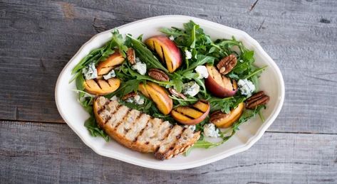 Peaches + Toasted Sunflower Honey Barrons. Who knew you could make a salad on a grill? #GetGrilling  #SummerGrilling Fig Salad Recipes, Grilled Peach Salad, Fig Salad, Unique Salad, Arugula Salad Recipes, Napa Home, Chilled Desserts, Lemon Honey, Honey Mustard Dressing